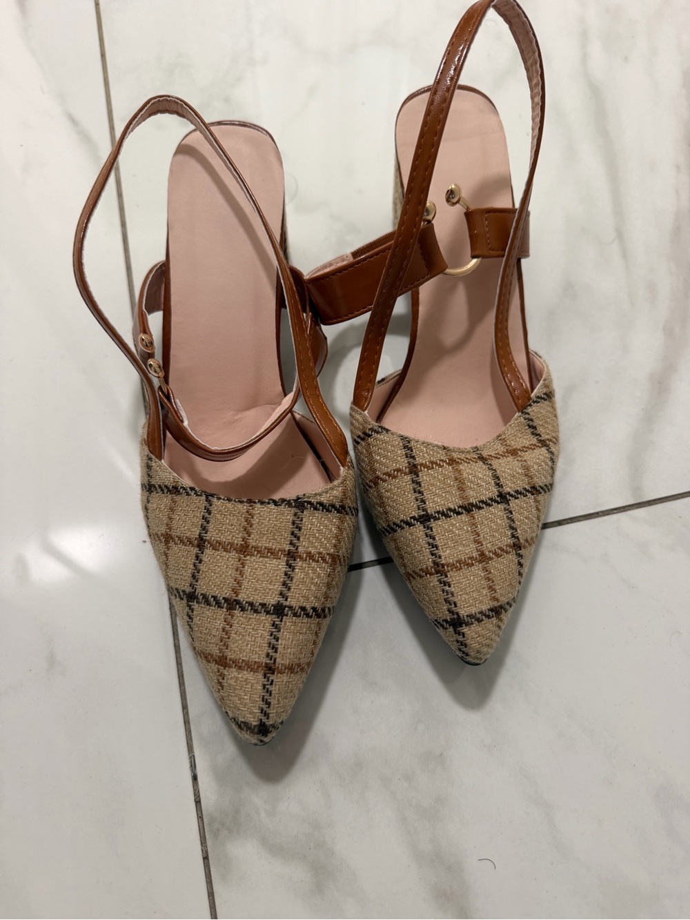 Women’s Brown Plaid Slingback Pointed Toe Flats